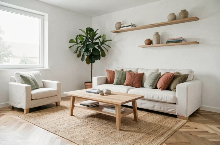 Salon moderne de style scandinave avec canapé en lin crème, table basse en chêne clair et plante verte, idéal pour inspirer la décoration intérieure