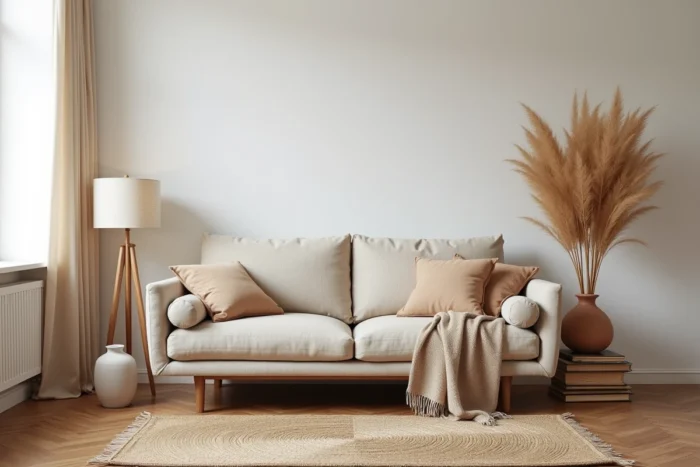 Salon scandinave tendance avec canapé en lin beige, vase en terre cuite et parquet chêne vieilli pour une décoration intérieure moderne
