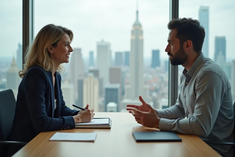 Séance de coaching professionnel entre une coach expérimentée et son client dans un bureau moderne avec vue sur la ville