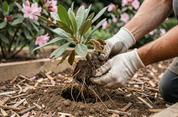 Mains de jardinier séparant les racines d'un rhododendron emmêlées avec celles d'un laurier-rose dans un massif de jardin