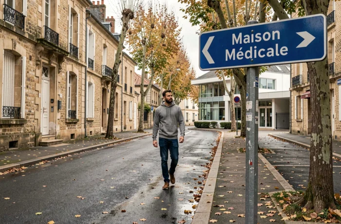 Panneau de signalisation indiquant la maison médicale dans une rue de Montbrison