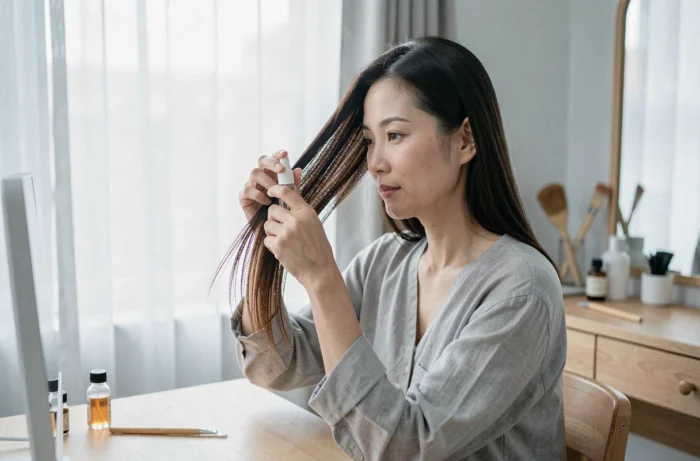 Frau mit feinem, glattem Haar, die ein Haarserum vor einem minimalistischen Friseursalon aufträgt
