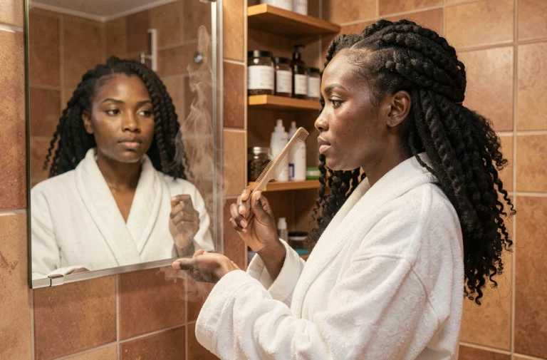Femme aux cheveux naturels 4C prenant soin de sa chevelure bouclée devant un miroir de salle de bain