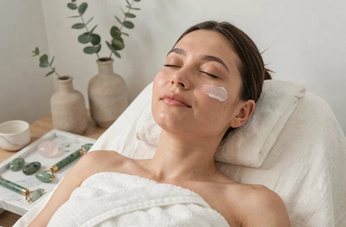 Femme recevant un soin du visage dans un spa haut de gamme avec des outils de massage en jade sur plateau en marbre