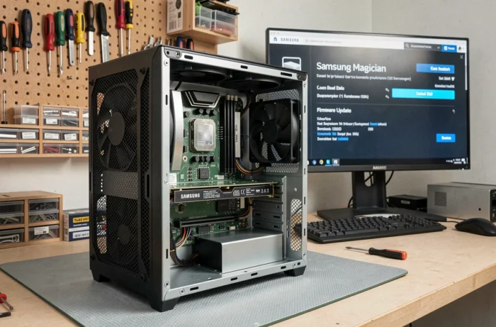 SSD Samsung NVMe installé dans un PC ouvert avec l'interface Samsung Magician affichée sur un écran en arrière-plan