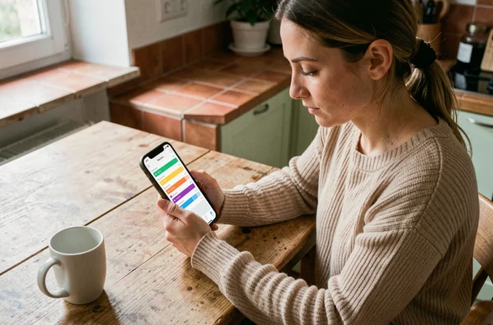 Femme consultant sa consommation internet mobile sur son smartphone Orange dans une cuisine moderne