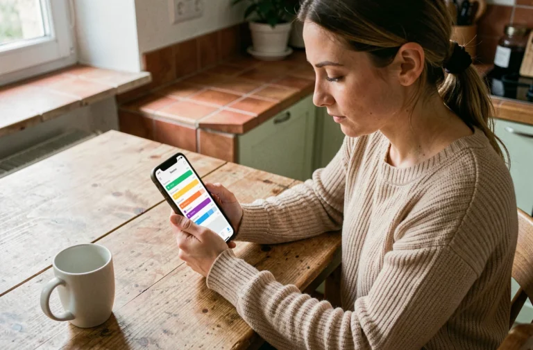 Femme consultant sa consommation internet mobile sur son smartphone Orange dans une cuisine moderne