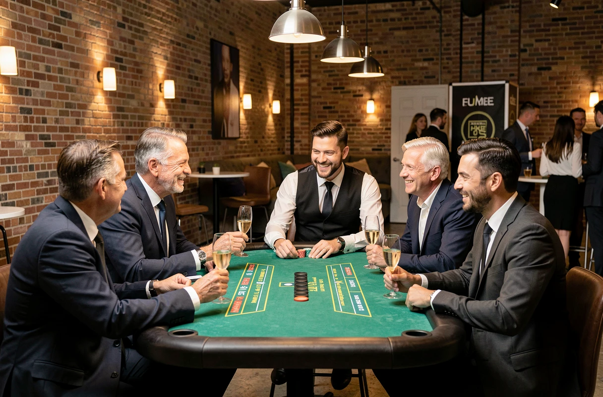 Professionnels en soirée d'entreprise jouant à une table de casino louée dans un loft moderne lors d'un événement festif
