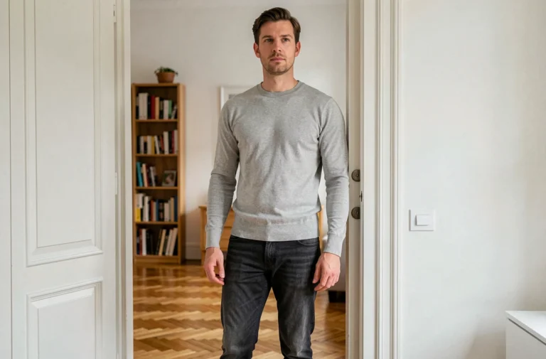 Homme français de grande taille debout à côté d'un cadre de porte dans un appartement parisien moderne, illustrant la taille moyenne des hommes en France