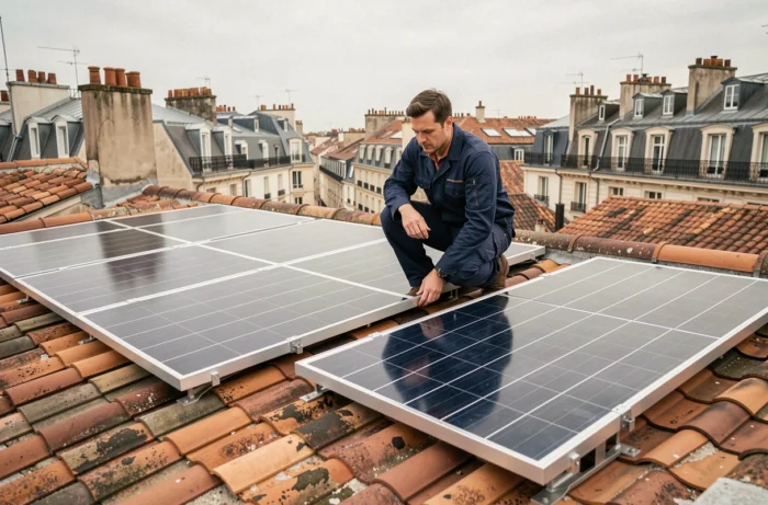 Technicien installant des panneaux solaires sur un toit de bâtiment haussmannien à Lyon, symbole de la rénovation énergétique urbaine