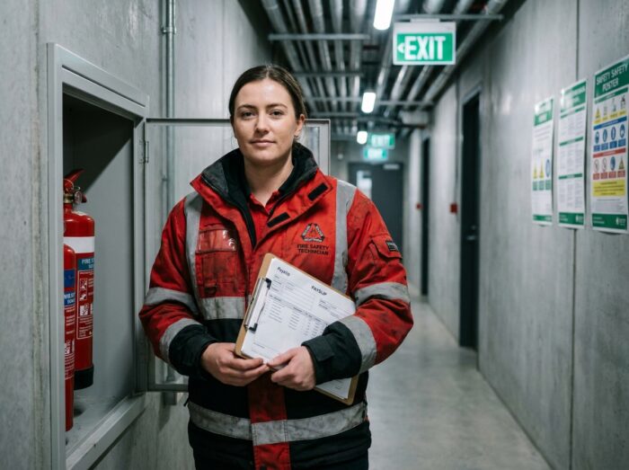 Technicienne en sécurité incendie tenant une fiche de paie dans un couloir industriel