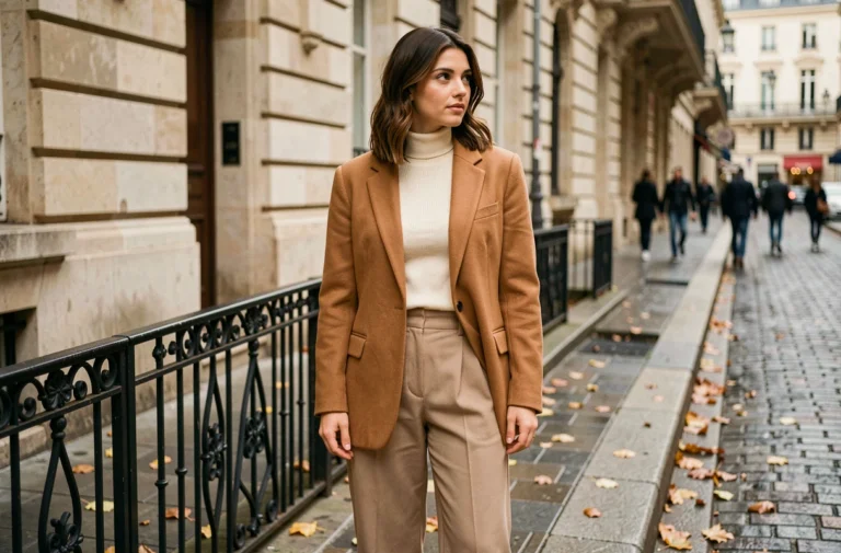 Femme élégante en blazer camel oversized et pantalon large beige dans une rue pavée parisienne en automne, style tendance mode saison