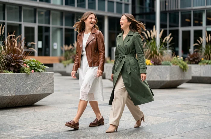 Deux femmes élégantes en veste en cuir et trench coat longline marchant dans un espace urbain contemporain, styles tendances mode femme saison