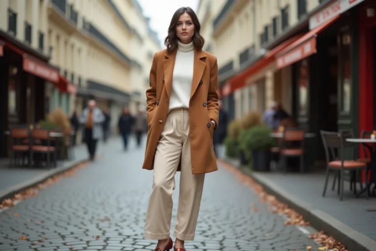 Femme élégante portant un blazer camel oversize et un pantalon large ecru dans une rue pavée parisienne, tendance mode automne 2024