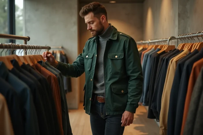 Homme en veste utilitaire verte structurée dans un concept store minimaliste, illustrant les tendances mode masculine 2024