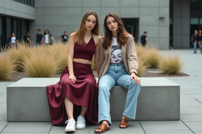 Deux femmes stylées aux looks contrastés tendance 2024 assises dans une place urbaine moderne, mode satin bordeaux et denim délavé