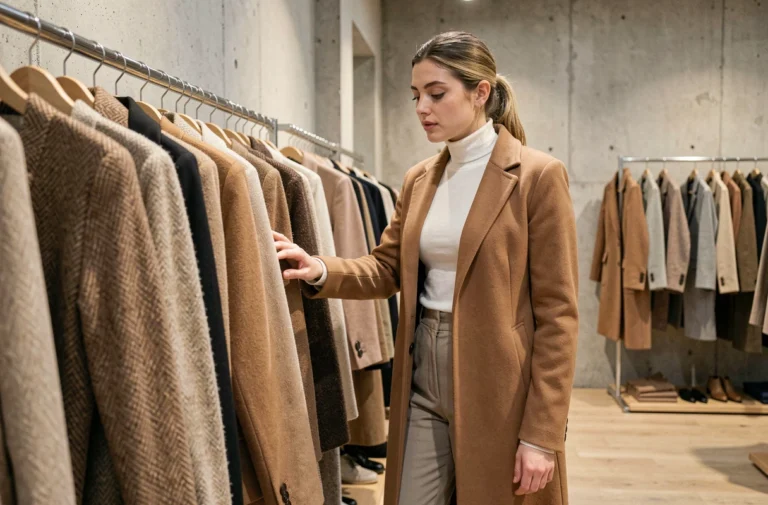 Jeune femme élégante explorant des vêtements dans une boutique de mode minimaliste parisienne avec des murs en béton brut