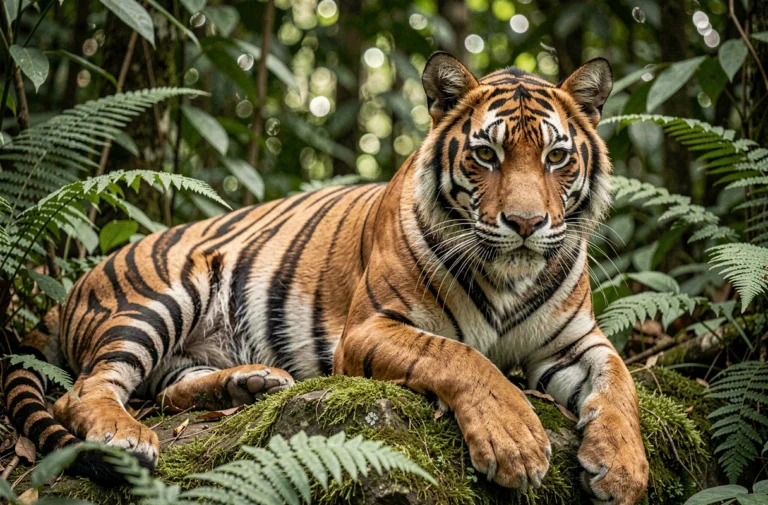 Tigre du Bengale adulte au repos sur un rocher moussu dans la jungle tropicale