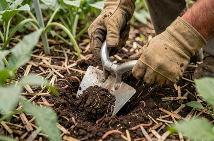 Travail manuel du sol en jardinage pour perturber le cycle de reproduction des pupes de mouches