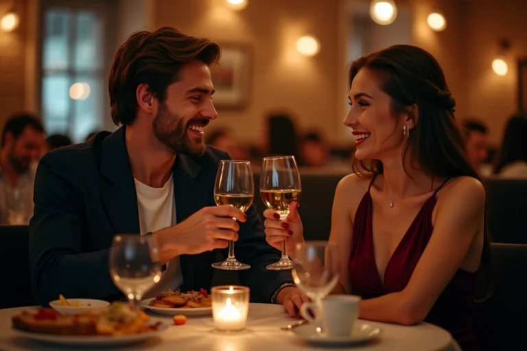 Couple complice partageant un dîner romantique au restaurant lors d'un troisième rendez-vous réussi