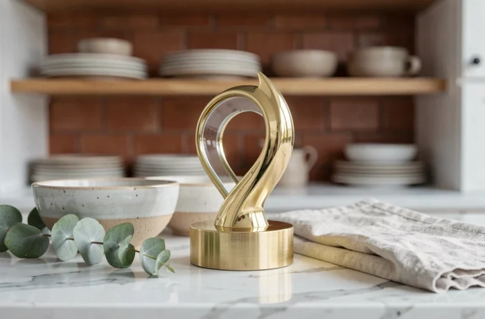 Trophée de la maison 2024 mis en valeur sur un plan de travail en marbre dans une cuisine décorée avec soin