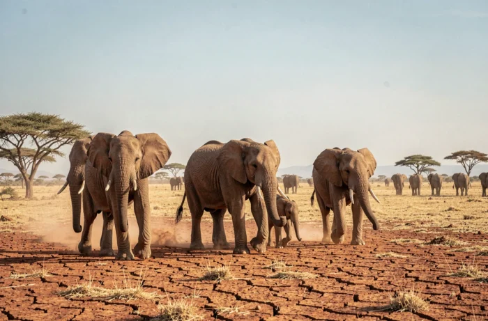 Troupeau d'éléphants africains traversant la savane kényane avec un éléphanteau