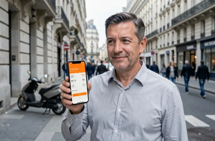 Homme vérifiant sa consommation data Orange sur l'application mobile en pleine rue à Paris