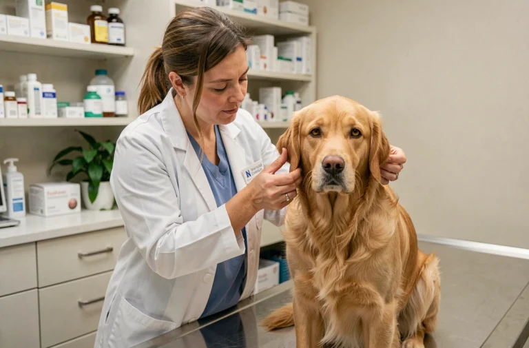 Vétérinaire examinant un golden retriever dans une clinique vétérinaire moderne, actualités animalières de la semaine