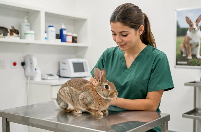 Vétérinaire examinant un lapin domestique dans une clinique animalière moderne