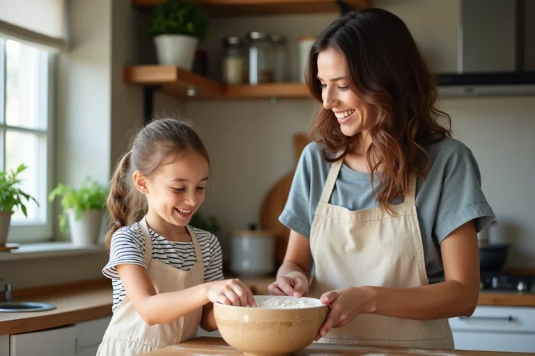 Mère et fille cuisinant ensemble dans une cuisine familiale chaleureuse et bien rangée, partageant un moment de complicité au quotidien